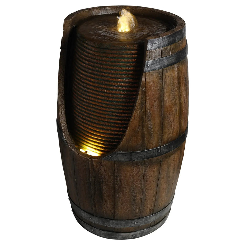 Outdoor Barrel Water Fountain with Rustic Wood Look Resin by HouseOfZazla