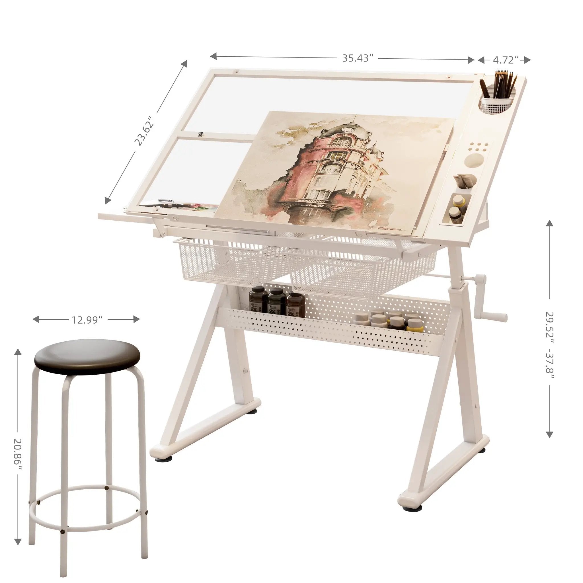 Hand Crank Adjustable Tempered Glass Drafting Table with Chair by HouseOfZazla