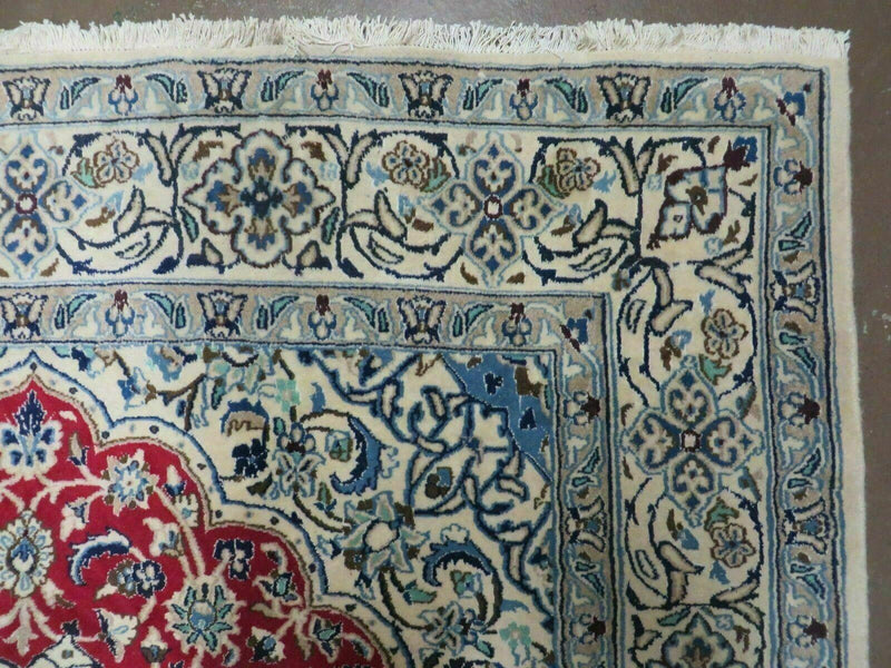 Square Persian Nain Rug 6'3" x 6' 8", Hand-Knotted, Wool with Silk Accents, Ivory Red Blue by Jewel Rugs