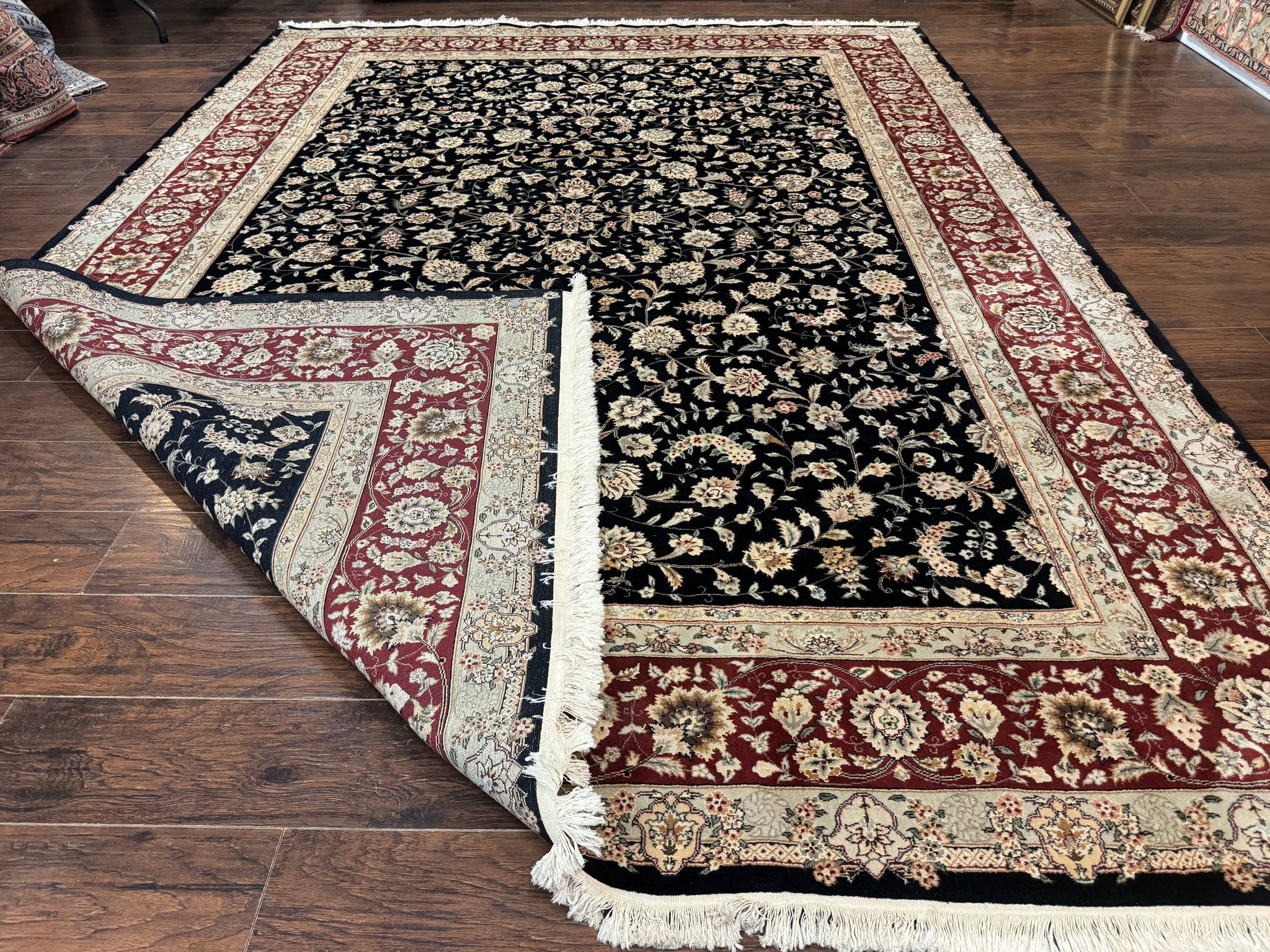 Sino Persian Rug 9x12, Fine Elegant Oriental Carpet 200 KPSI, Black and Dark Red, Allover Floral by Jewel Rugs