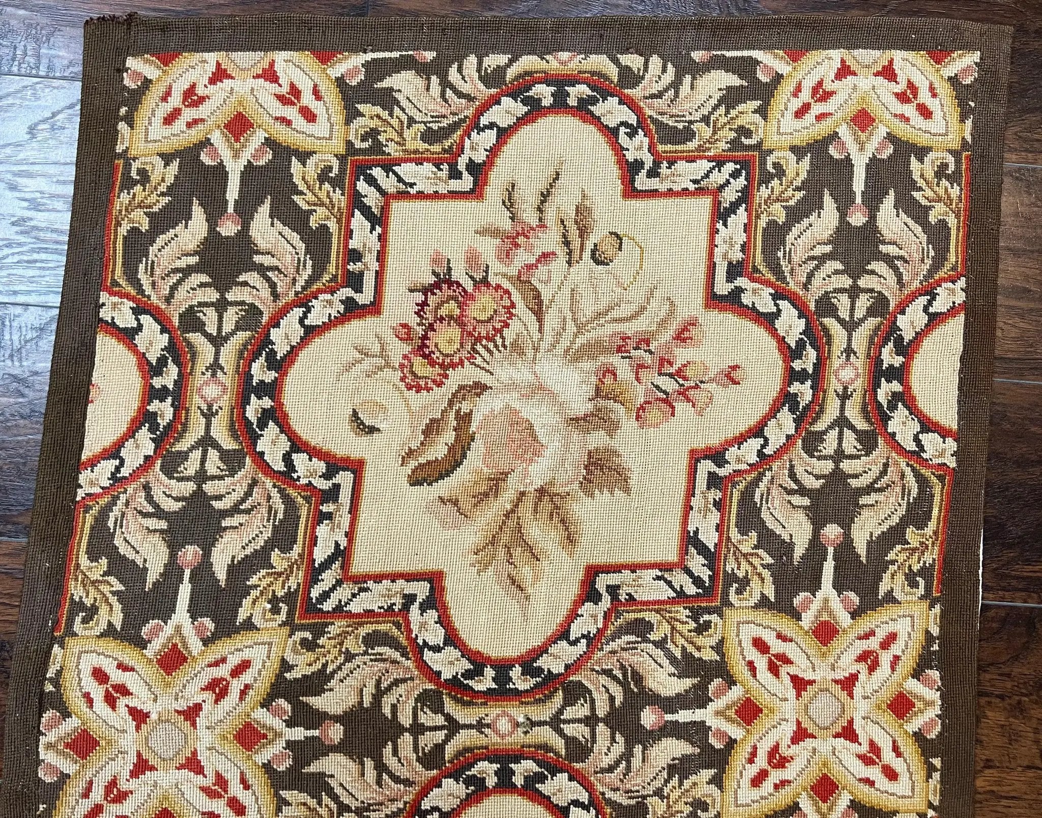 Needlepoint Runner Rug 2.8 x 9.8, Brown and Beige, Handwoven Handmade Floral French European Design, Vintage Flatweave 10ft Wool Runner Rug by Jewel Rugs