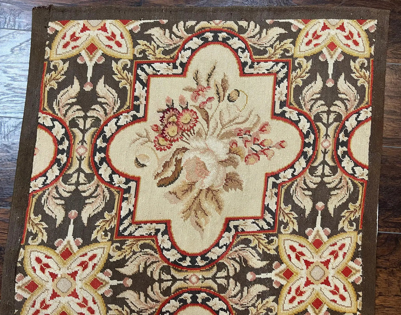 Needlepoint Runner Rug 2.8 x 9.8, Brown and Beige, Handwoven Handmade Floral French European Design, Vintage Flatweave 10ft Wool Runner Rug by Jewel Rugs
