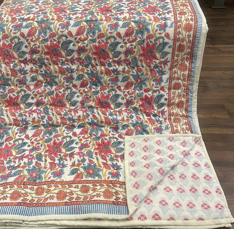 House of Avana Cream & Rose Pink Dusty Blue Floral Jaipur Indian Hand Block Print Quilted Comforter by House Of Avana