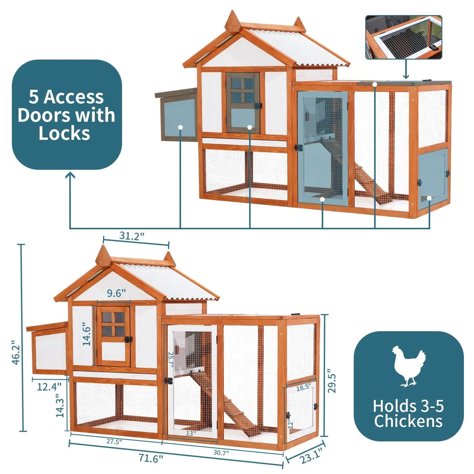 Weatherproof Outdoor Chicken Coop With Nesting Box, Hen House With Removable Bottom For Easy Cleaning, Poultry Cage, Rabbit Hutch, Wood Duck House - Brown / White by HouseOfZazla