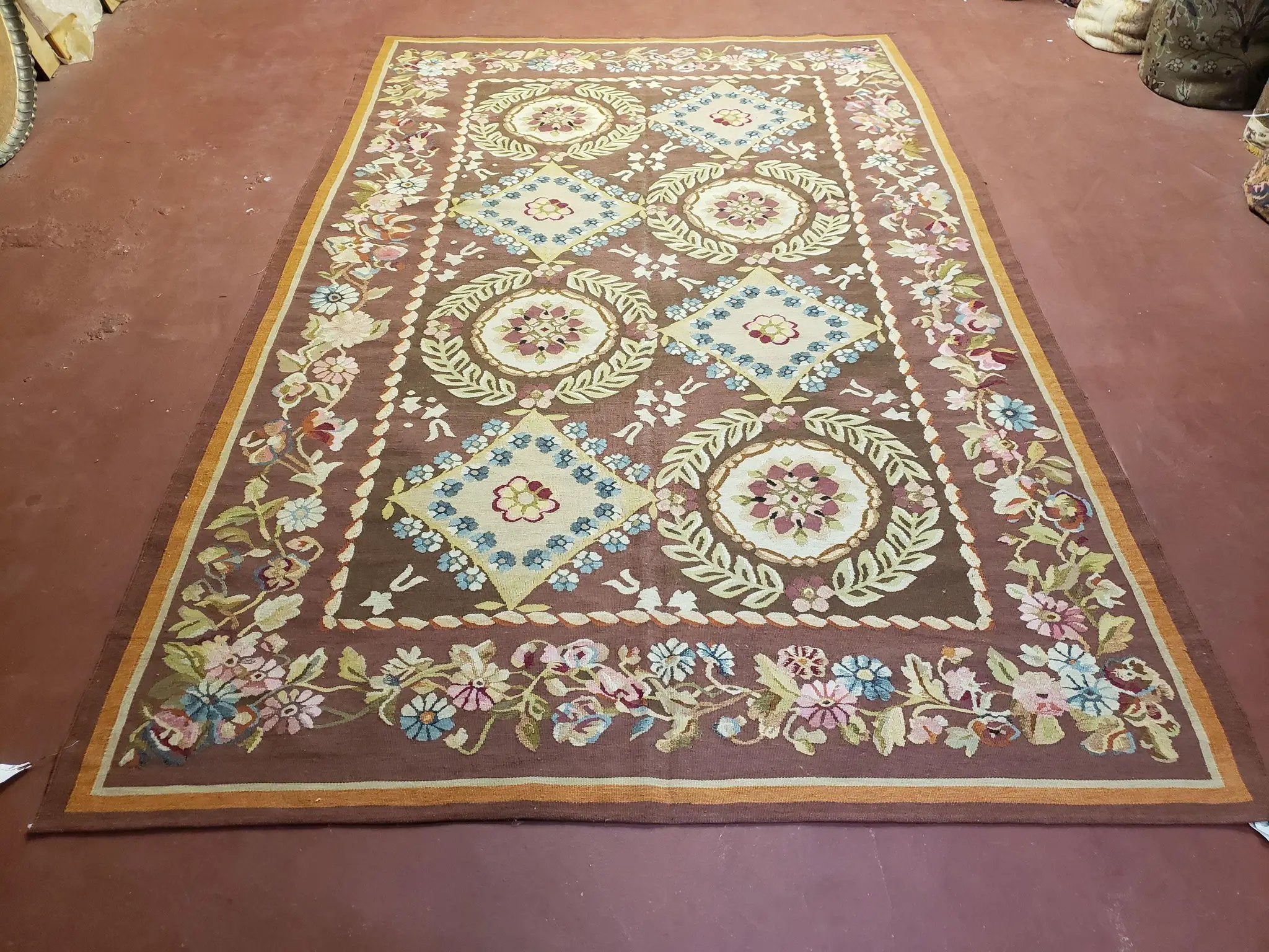Aubusson Rug 6 x 9 Flat Weave Area Carpet European Design Flowers New Brown Rug Handmade Wool Hand-Knotted Aubusson Weave Medium Rug 6x9 by Jewel Rugs