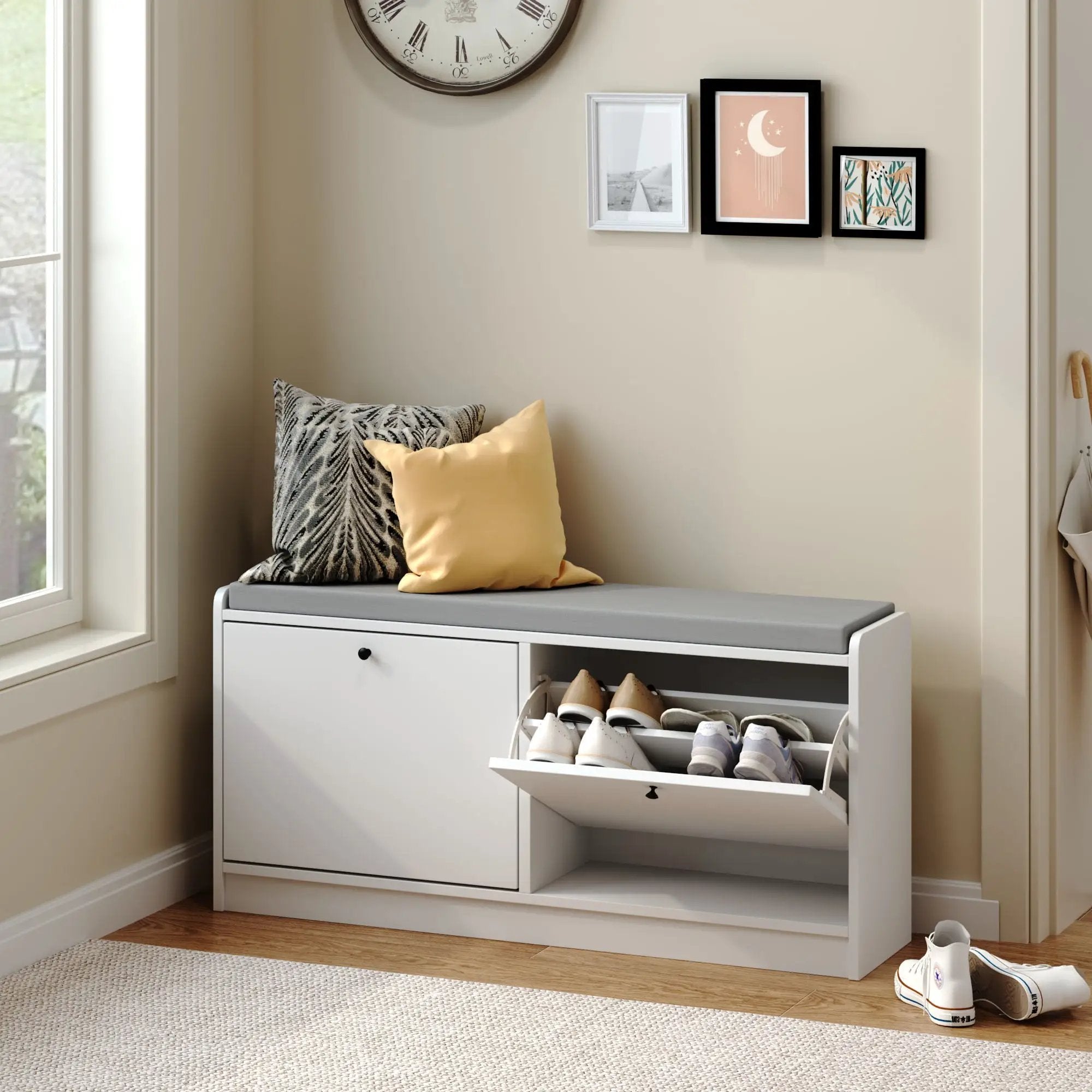 Shoe Storage Bench With Cushion, Entryway Organizer Cabinet For Hallway - White by Unique Piece Furniture