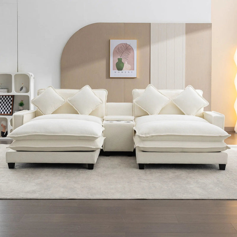Sectional Sofa Upholstered Sofa With Two Removable Ottoman, Two USB Ports, Two Cup Holders And Large Storage Box For Living Room by Unique Piece Furniture
