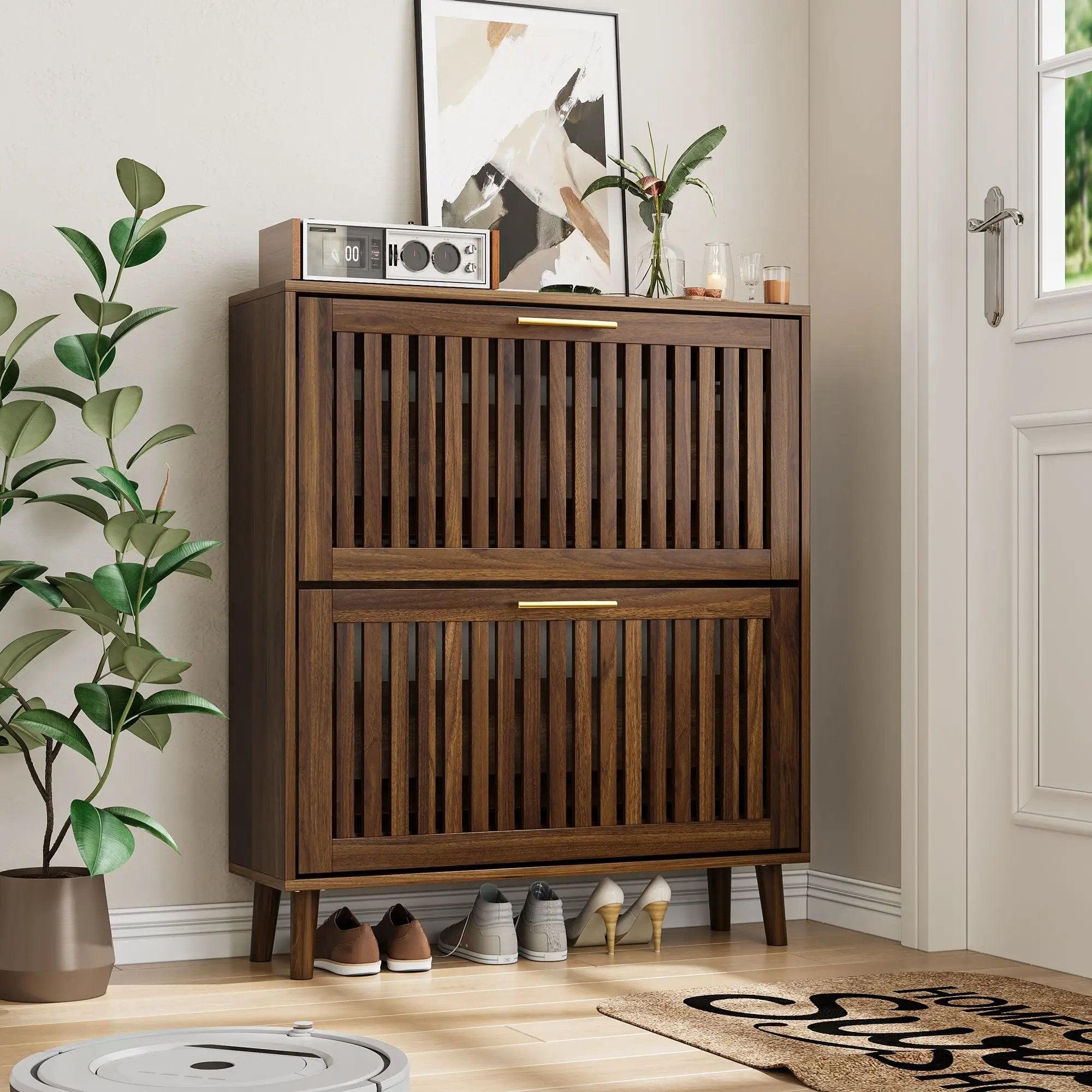 Medieval Modern Shoe Cabinet With 2 Flip Drawers And Fence Design by Unique Piece Furniture