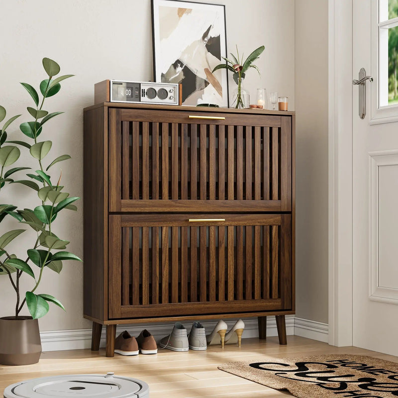 Medieval Modern Shoe Cabinet With 2 Flip Drawers And Fence Design by Unique Piece Furniture