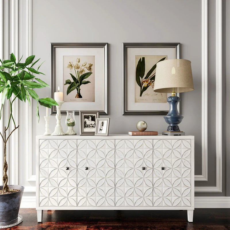 Accent Cabinet 4 Door Wooden Cabinet Sideboard Buffet Server Cabinet Storage Cabinet, For Living Room, Entryway, Hallway, Office, Kitchen And Dining Room - White Wash by HouseOfZazla
