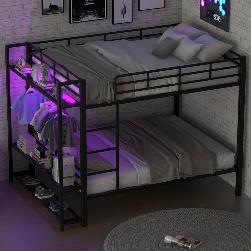 Bunk Bed With Storage Shelves, Clothes Hooks, LED Light by Unique Piece Furniture