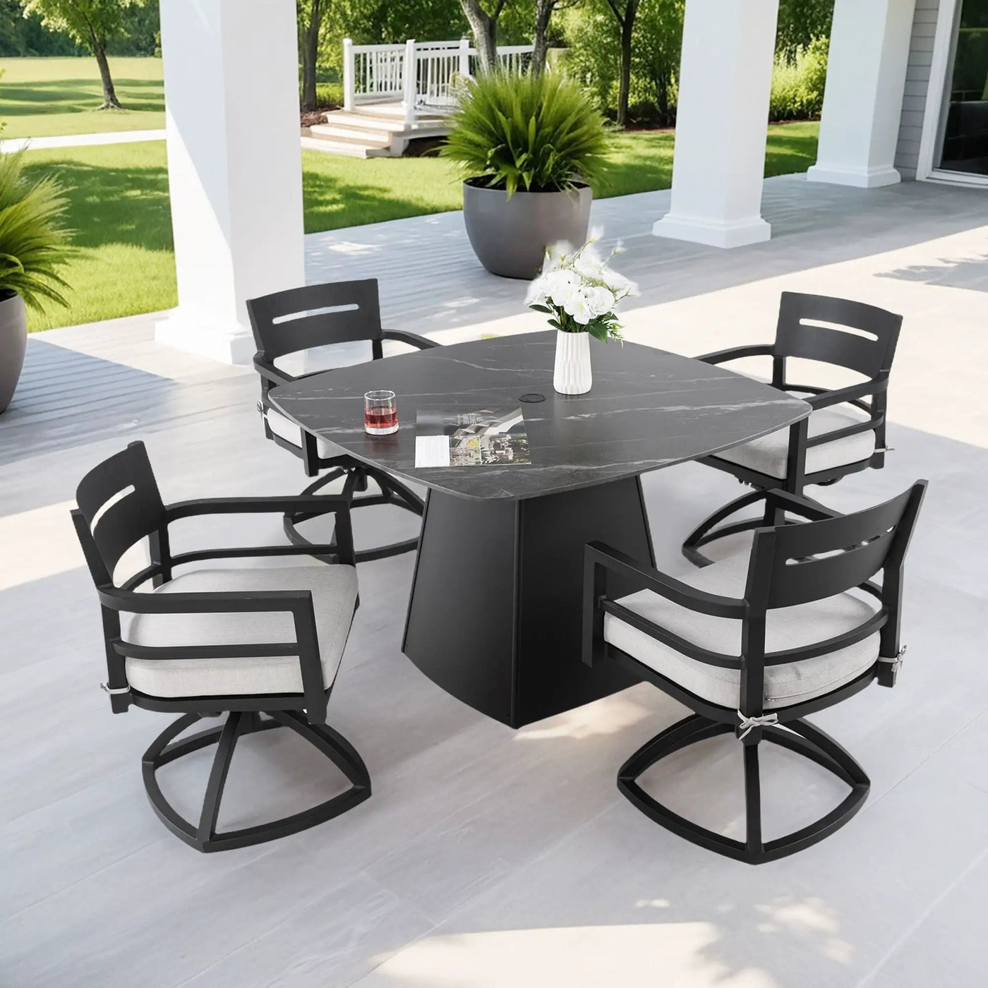 Outdoor Patio Dining Set, Squircle Dining Table, Dining Chairs With Sunbrella Cushions by Unique Piece Furniture
