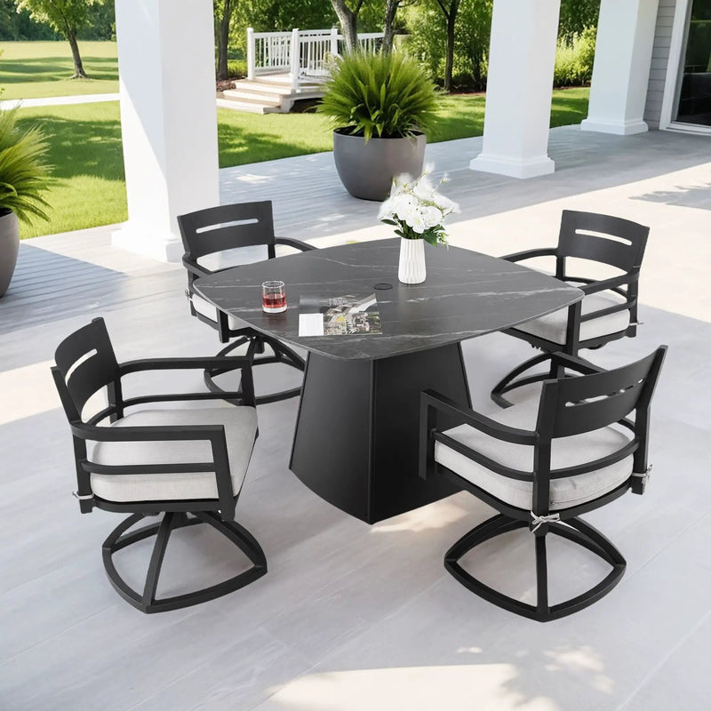 Outdoor Patio Dining Set, Squircle Dining Table, Dining Chairs With Sunbrella Cushions by HouseOfZazla