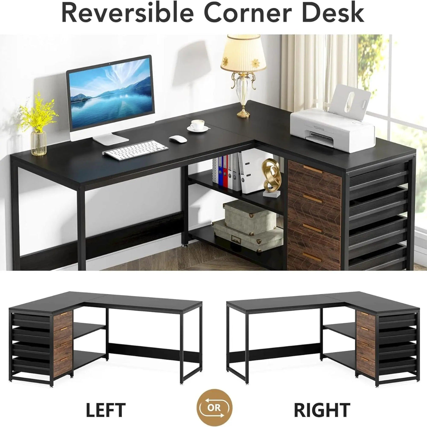 L-Shaped Computer Desk With Drawers And Shelves, Workstation For Home Office by HouseOfZazla