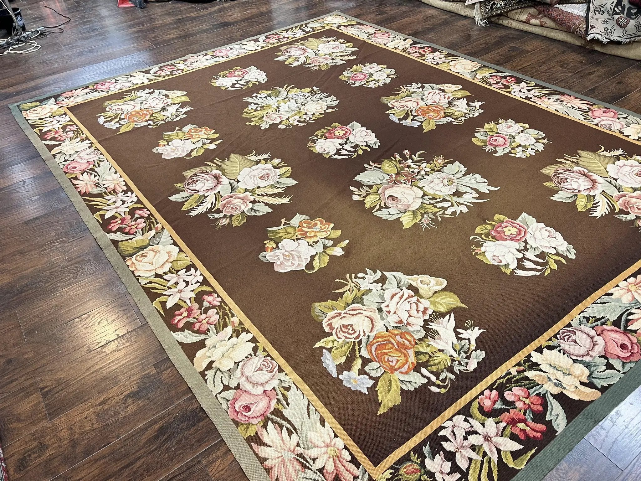 Vintage Needlepoint Rug 9x12, Large Handmade Hand-woven Needlepoint Carpet, Brown Area Rug, Floral Bouquets, Wool Rug, European Design by Jewel Rugs
