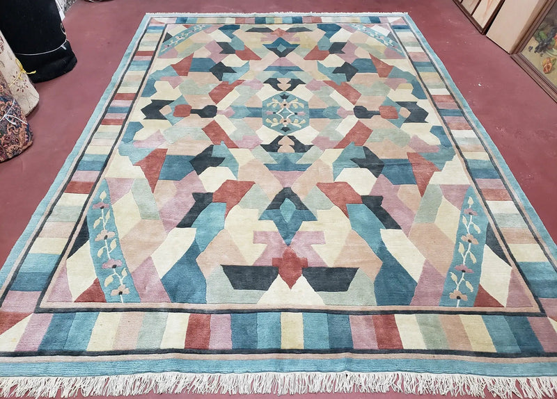 Contemporary Indian Nepalese Area Rug 8x11, Wool Hand-Knotted Modern Multicolor Nepali Abstract Carpet 8 x 11 Soft Playroom Nursery Room Rug by Jewel Rugs