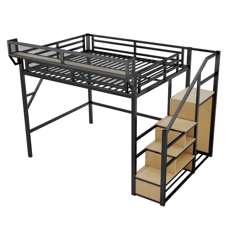 Queen Size Loft Bed & Stairs, Storage Shelves, Wardrobe - Black / Wood by Unique Piece Furniture