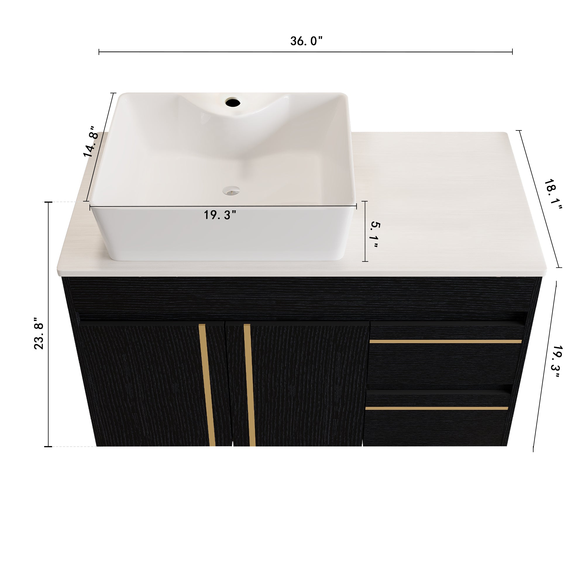 36" Wall-Mounted Bathroom Vanity with Vessel Ceramic Sink & Plywood Countertop by HouseOfZazla