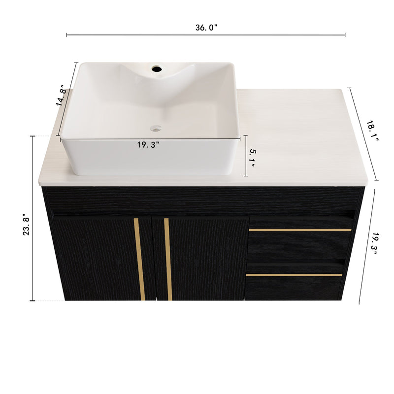 36" Wall-Mounted Bathroom Vanity with Vessel Ceramic Sink & Plywood Countertop by HouseOfZazla