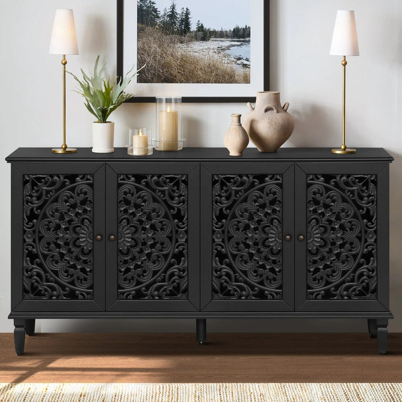 60" Antique Buffet Cabinet with Floral Carvings by HouseOfZazla