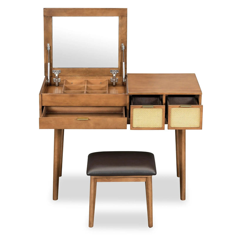 Classic Wood Makeup Vanity Set With Flip-Top Mirror And Stool, Dressing Table With Three Drawers And Storage Space by Unique Piece Furniture
