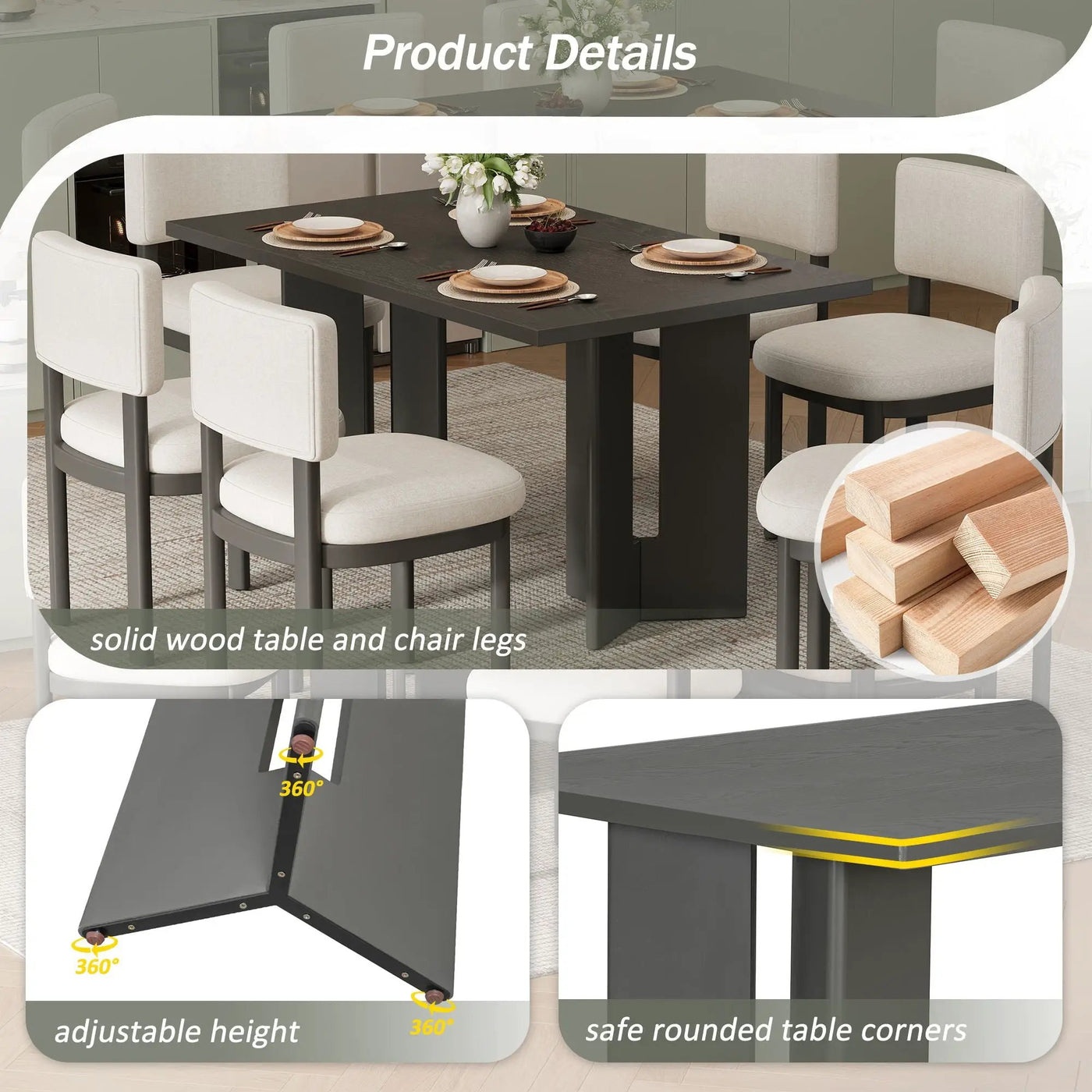 Dining Table Set With 6 Upholstered Chairs, Rectangular Table With Cutout Legs by HouseOfZazla