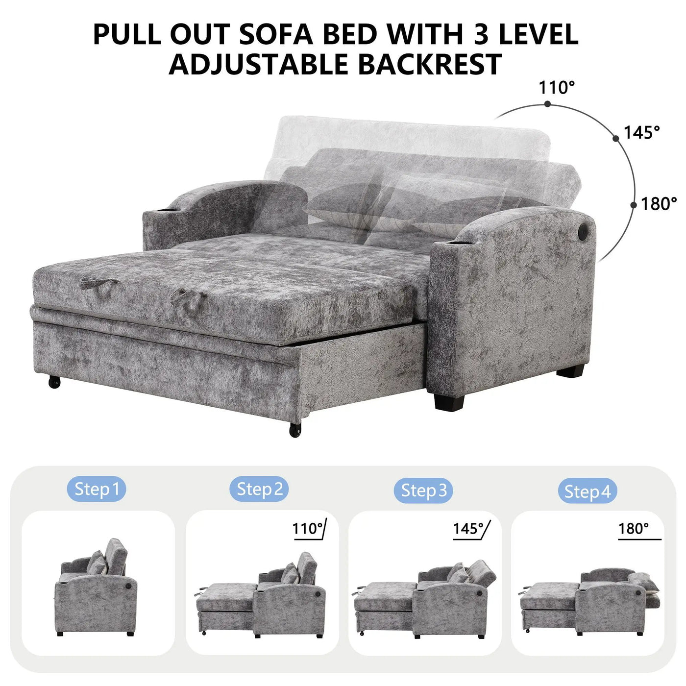 Pull Out Loveseat Sofa With Adjsutable Backrest, 2 Pillows, Cup Holders, USB Ports For Living Room by HouseOfZazla