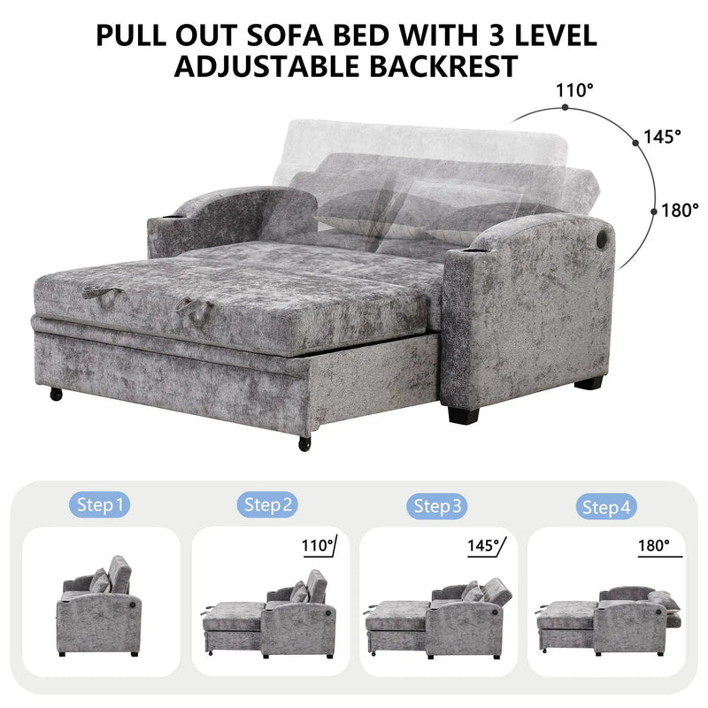 Pull Out Loveseat Sofa With Adjsutable Backrest, 2 Pillows, Cup Holders, USB Ports For Living Room by HouseOfZazla