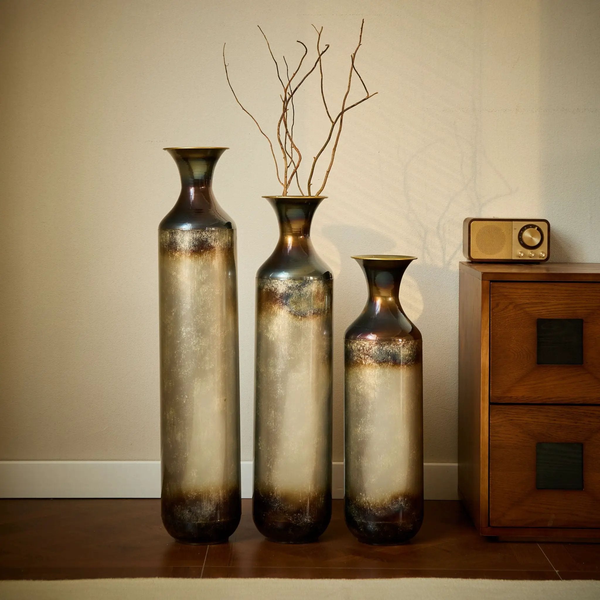 Modern Droplet Shaped Floor Vase Set, Glazed Metal Decorative Vases 3 Piece Home Accent For Living Room - Gold / White by HouseOfZazla