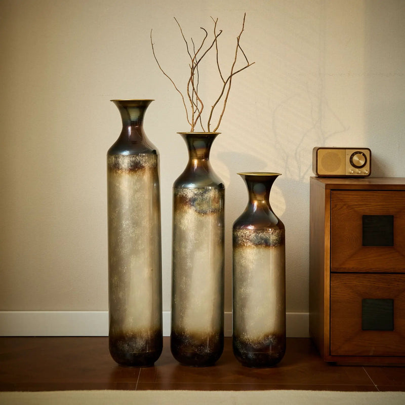 Modern Droplet Shaped Floor Vase Set, Glazed Metal Decorative Vases 3 Piece Home Accent For Living Room - Gold / White by HouseOfZazla