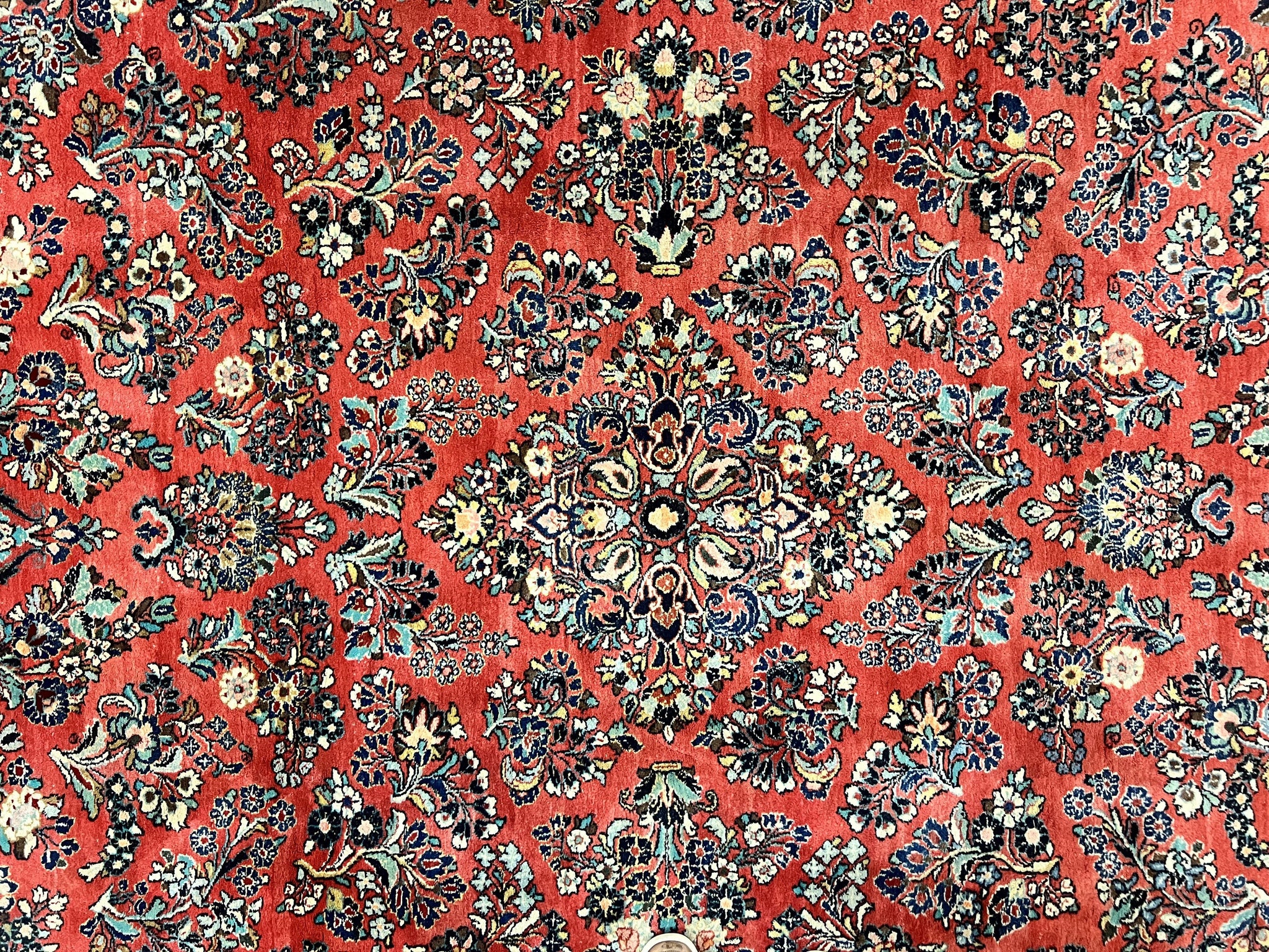 Square Persian Sarouk Rug 11x11 ft, Rare Size, Hand Knotted Wool Floral Allover Red Persian Carpet, Handmade Antique Rug by Jewel Rugs