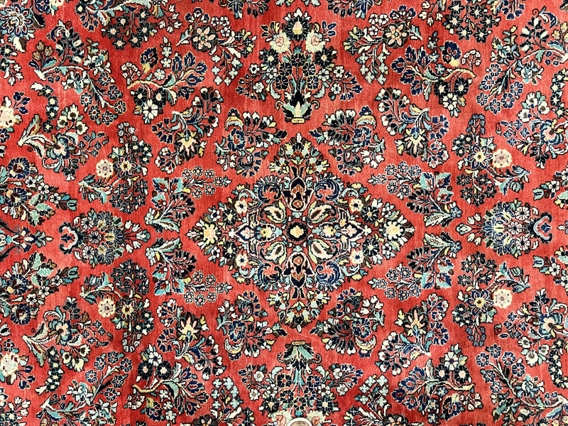 Square Persian Sarouk Rug 11x11 ft, Rare Size, Hand Knotted Wool Floral Allover Red Persian Carpet, Handmade Antique Rug by Jewel Rugs