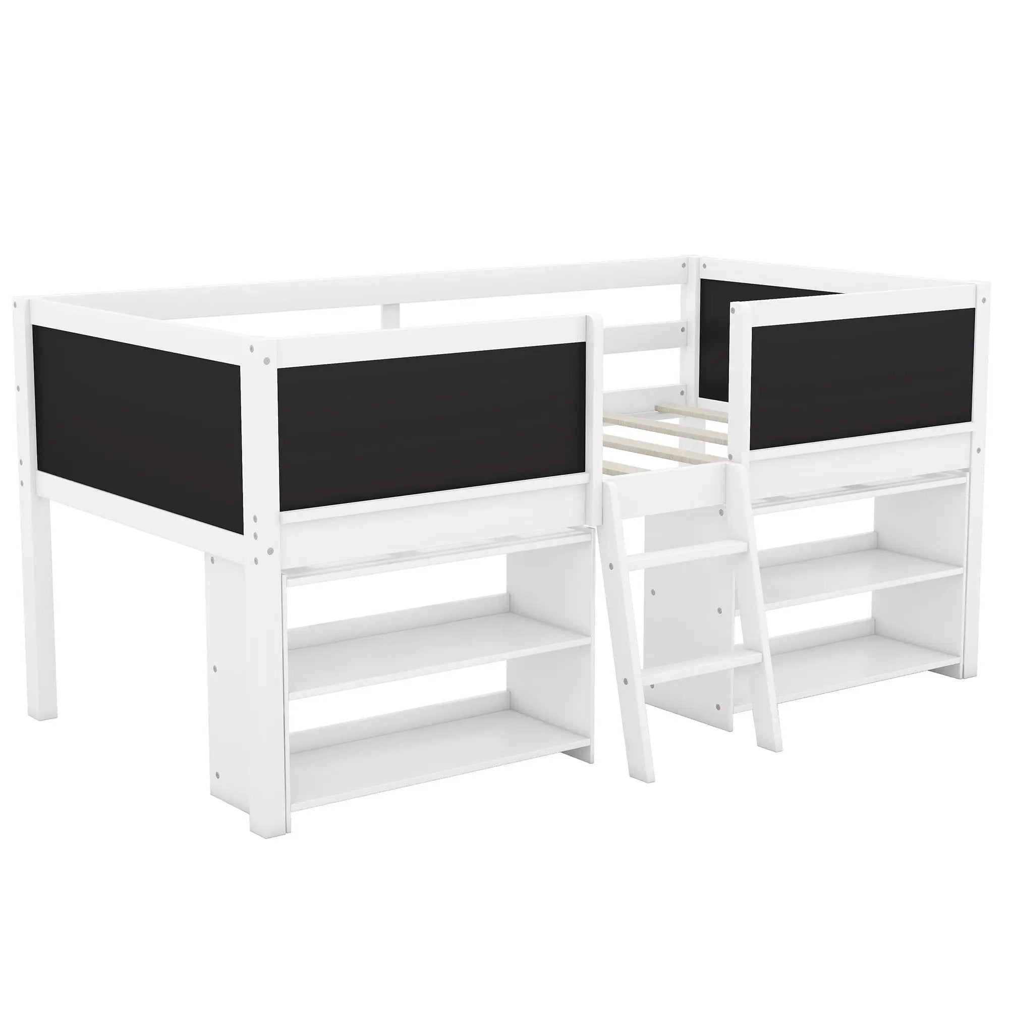 Low Loft Bed With Movable Shelves And Ladder, Decorative Chalkboard Guardrail