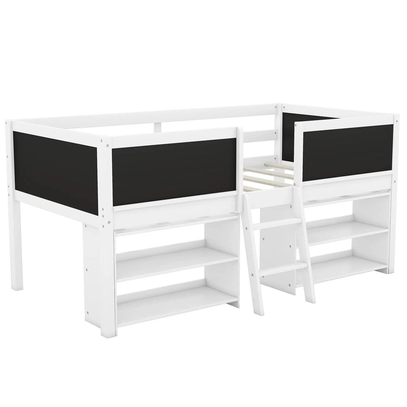 Low Loft Bed With Movable Shelves And Ladder, Decorative Chalkboard Guardrail