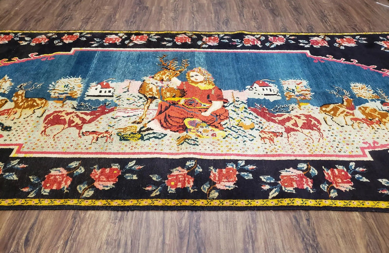Antique Persian Pictorial Rug 4'6" x 9', Wool Hand-Knotted Blue Roses Karabagh Caucasian Carpet, 1920s Girl Deer Tapestry Wall Hanging Rug by Jewel Rugs