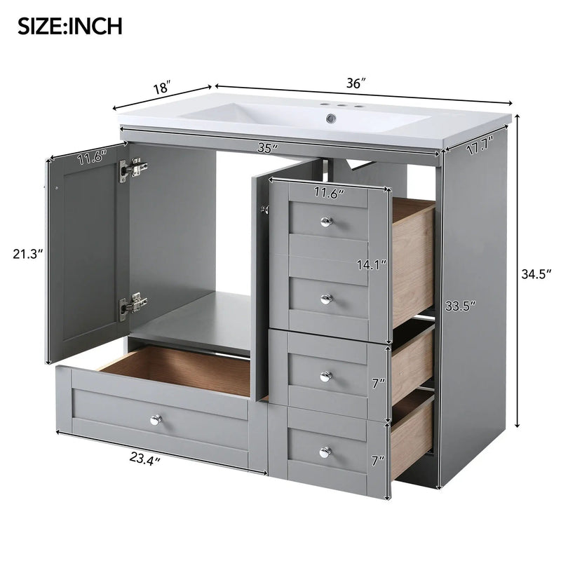 Shaker Free Standing Bathroom Vanity Cabinet & Sink, Soft Close Drawers, Soft Close Doors