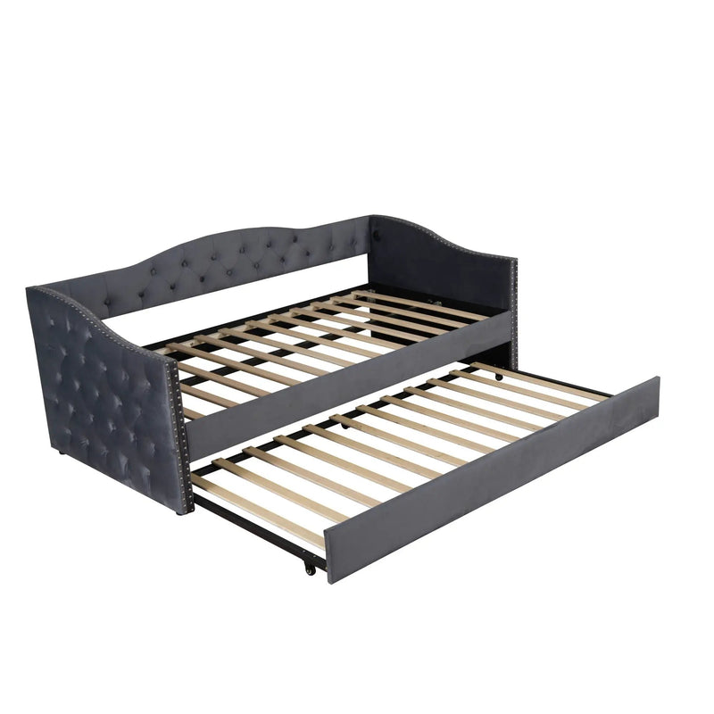 Twin Size Upholstered Daybed With Trundle And USB Charging Design For Bedroom - Gray by HouseOfZazla