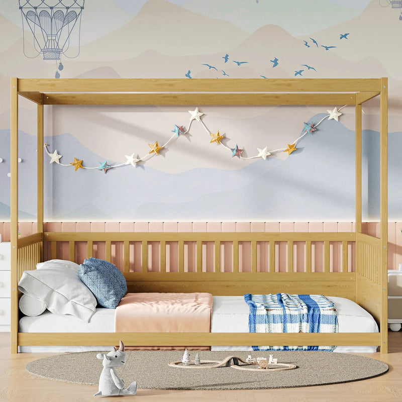 Full Size Canopy Bed Frame with Guardrails for Kids by HouseOfZazla