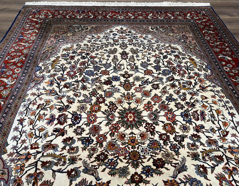 Beautiful Sino Persian Rug 7x10, Circle of Life Tree of Life Rug, Birds, Cream Red Navy Blue Taupe, Wool Silk Accents, Hand Knotted Vintage by Jewel Rugs