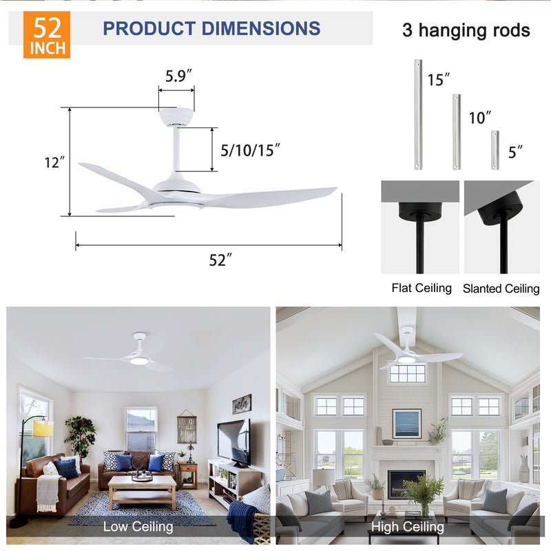 52 Inch ABS Blades Ceiling Fan with LED Light Kit by HouseOfZazla