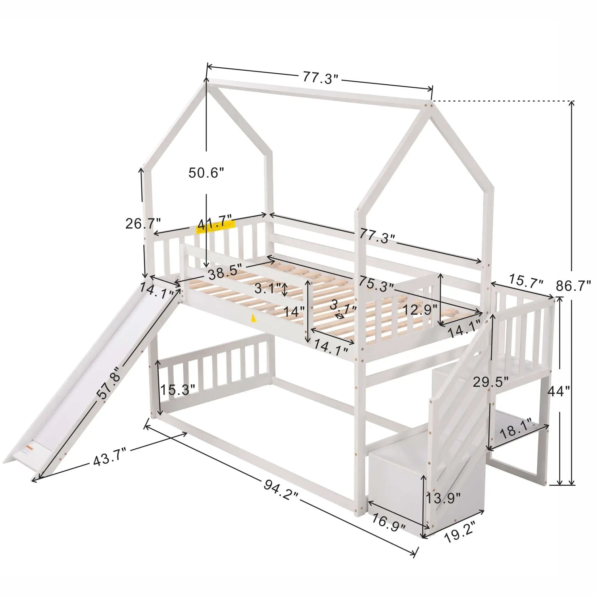 Twin Over Twin House Bunk Bed With Convertible Slide, Storage Staircase by Unique Piece Furniture
