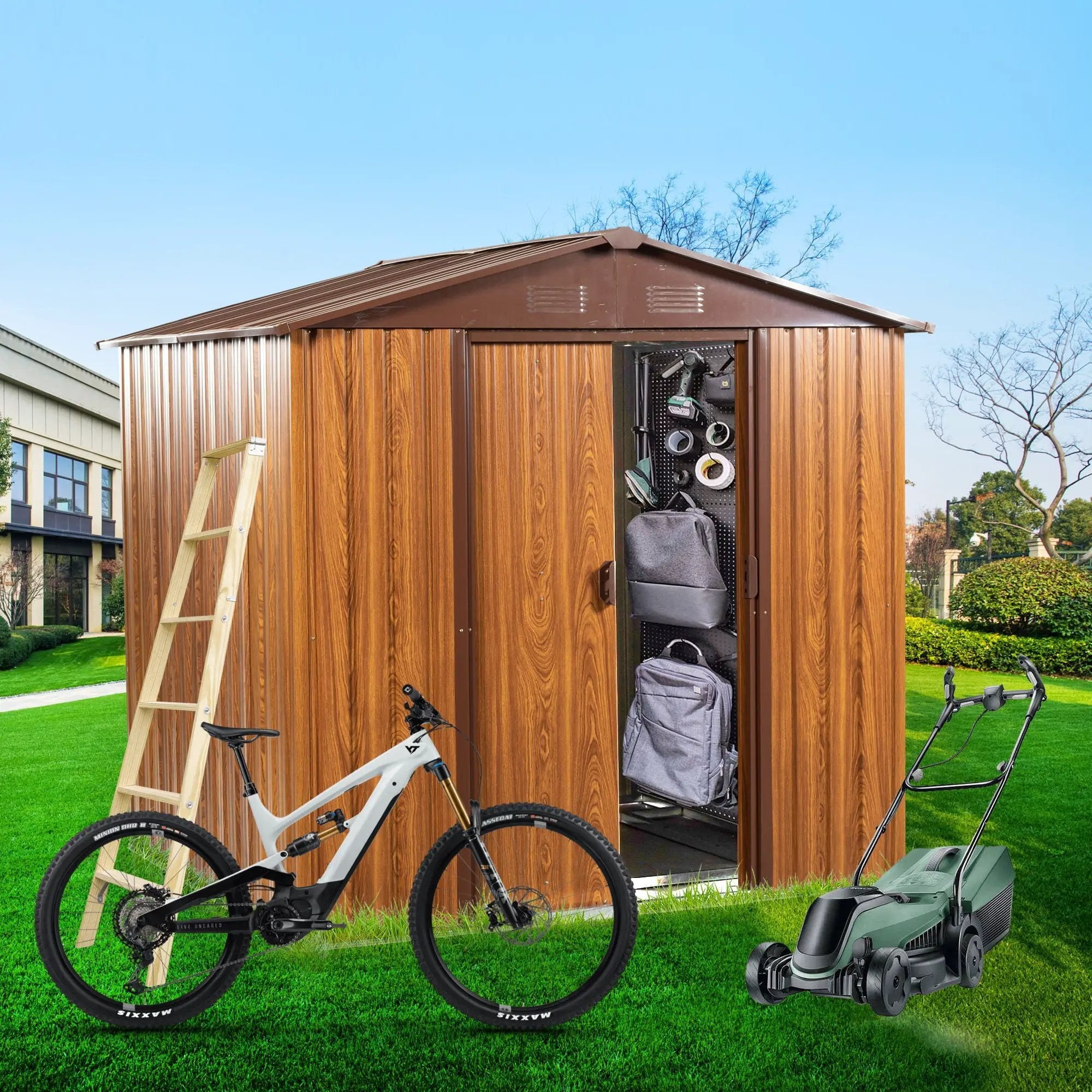 Metal Storage Shed Appealing Horizontal Siding In Woodgrain With Coffee Trim To Complement - Light Brown by HouseOfZazla