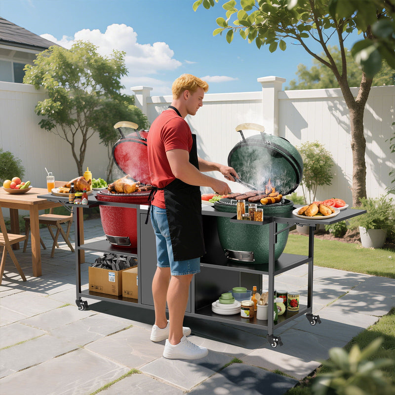 Outdoor Grill Cart For 2 Big Egg - Black / Silver by HouseOfZazla
