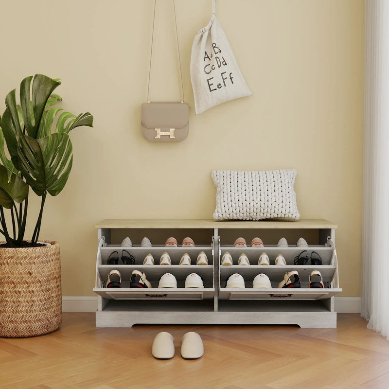 Shoe Storage Bench with 2 Flip Drawers and Adjustable Shelf - Antique by HouseOfZazla