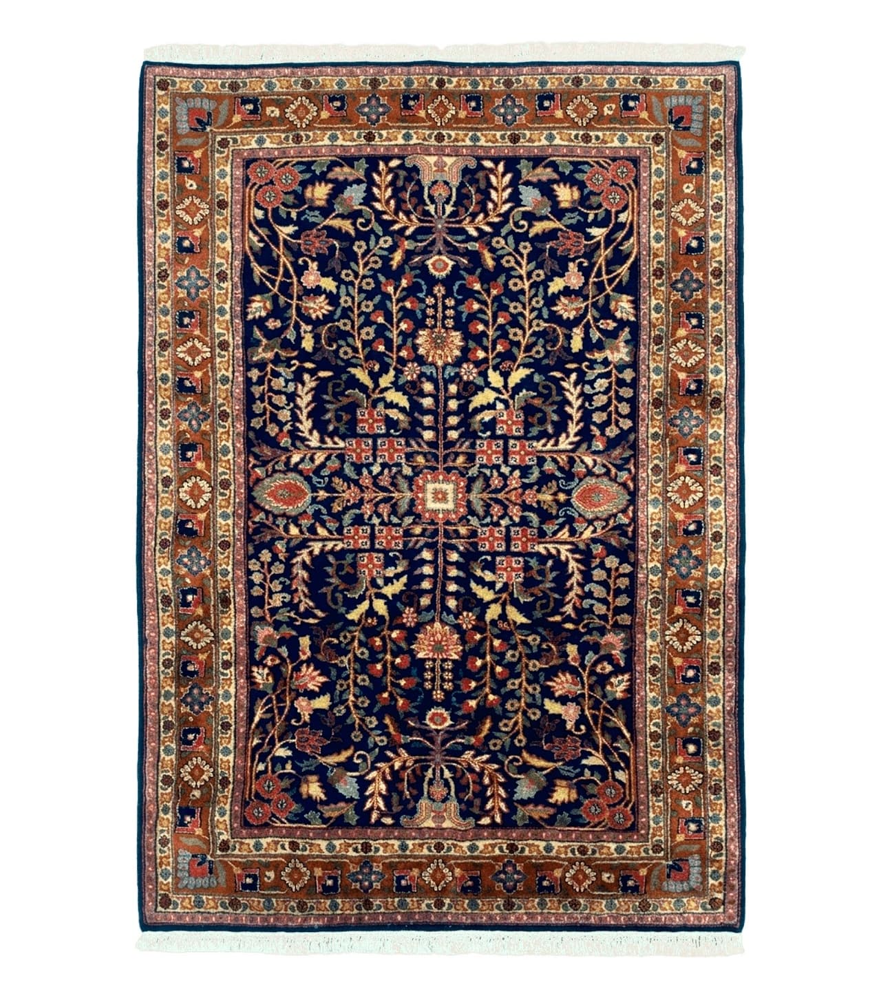 Indo Persian Sarouk Rug 4x6, Blue and Rust Red by Jewel Rugs