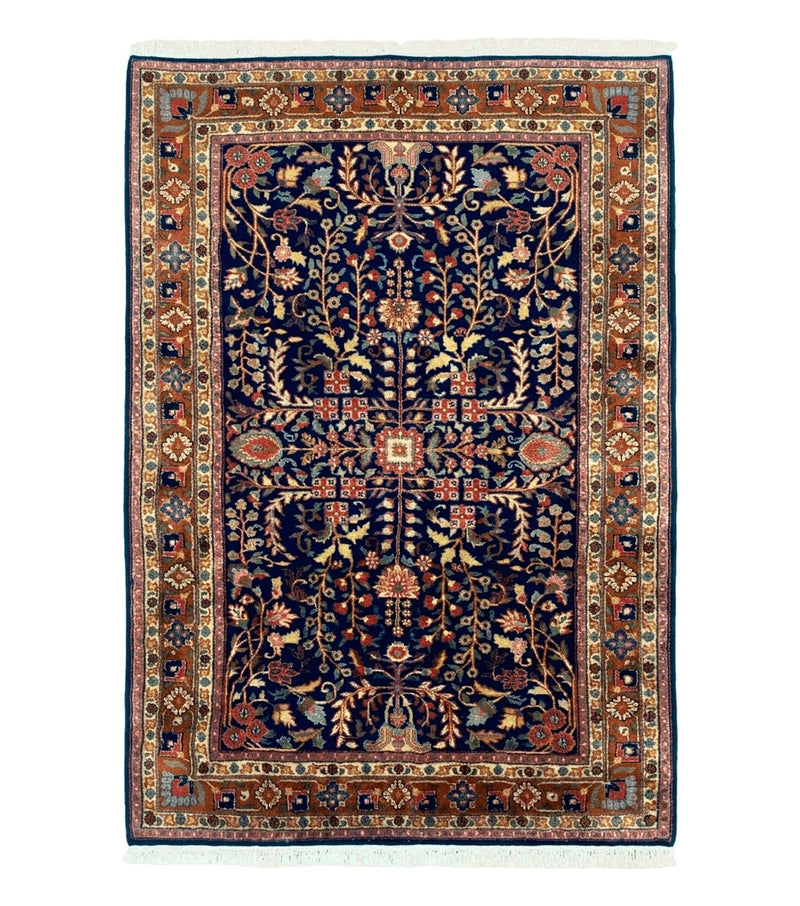 Indo Persian Sarouk Rug 4x6, Blue and Rust Red by Jewel Rugs