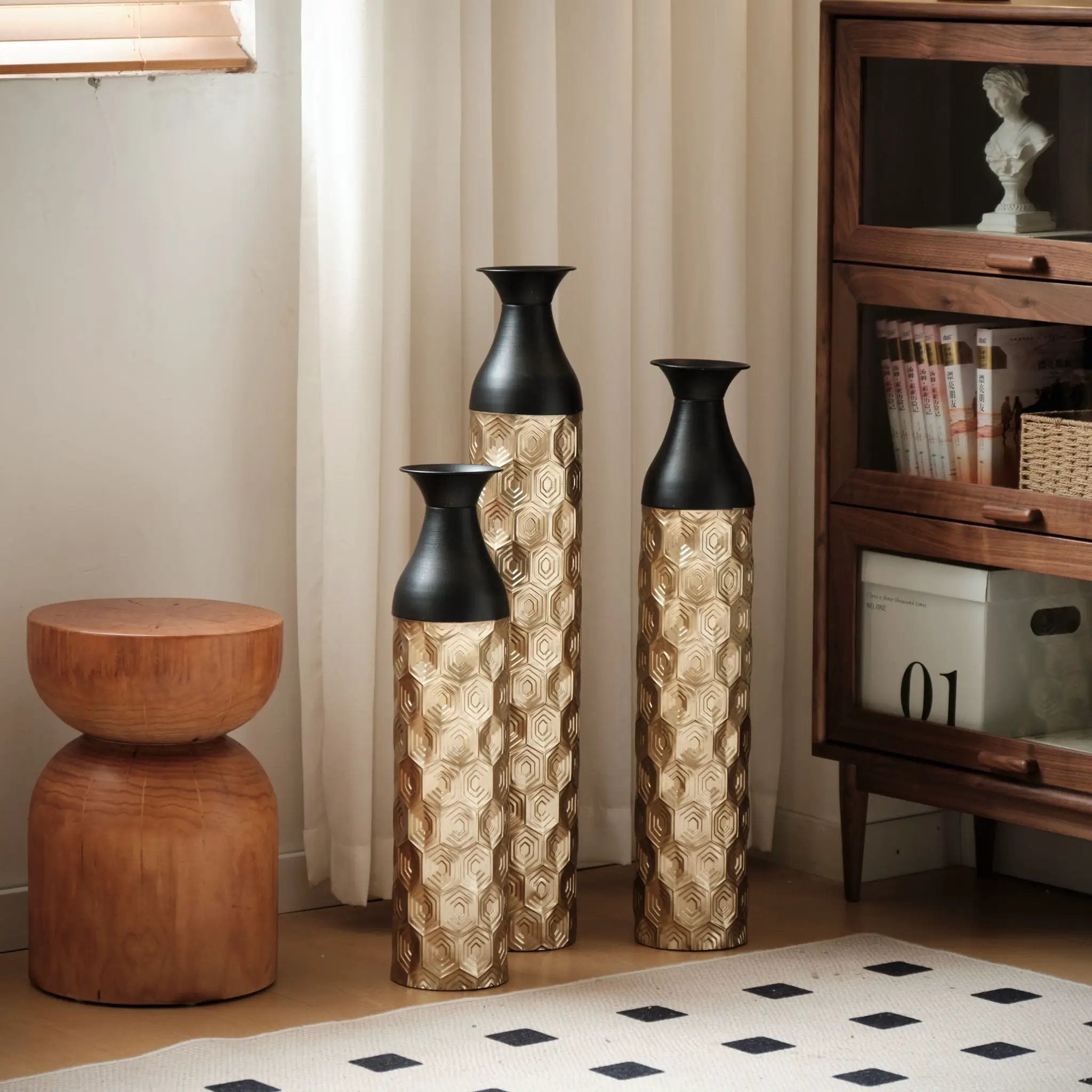 Floor Metal Vases (Set of 3) Gorgeous Home Decoration Large Glazed Metal Vases - Black / Gold by Unique Piece Furniture