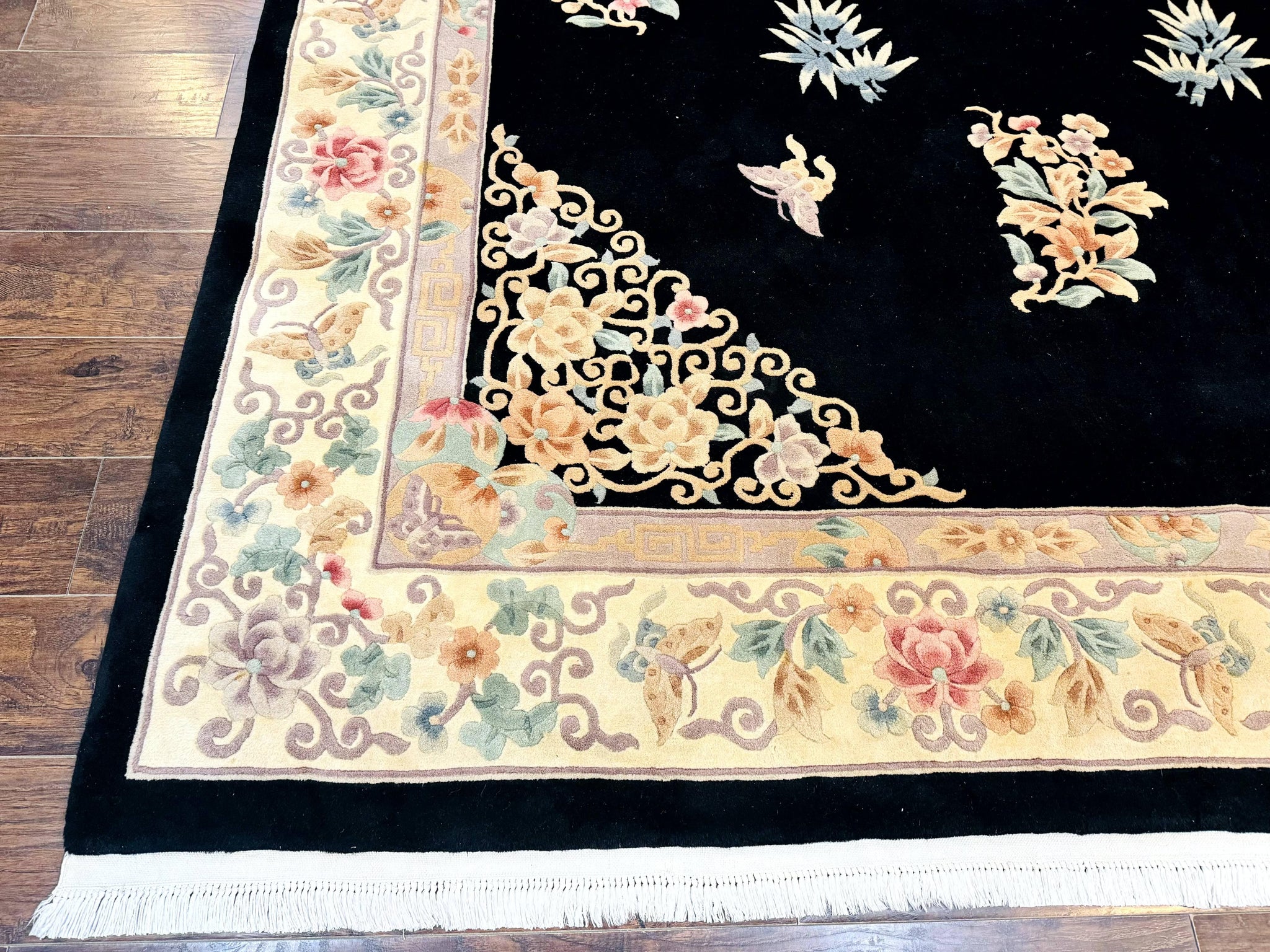 Chinese Wool Rug 9x12, Chinese Carving Carpet, Floral Medallion, Black and Beige, Butterflies, Vintage Asian Oriental Rug, 90 Line Rug by Jewel Rugs