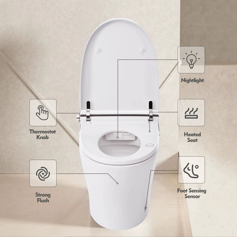 Heated Seat Smart Toilet Without Bidet, Upmarket Compact Dual Flush Toilet 1 / 1.28 Gpf, Tank Less Toilet With Adjustable Temp Heated Seat, Foot Sensor Flush - White Night Light, Knob Control, Power Out by HouseOfZazla
