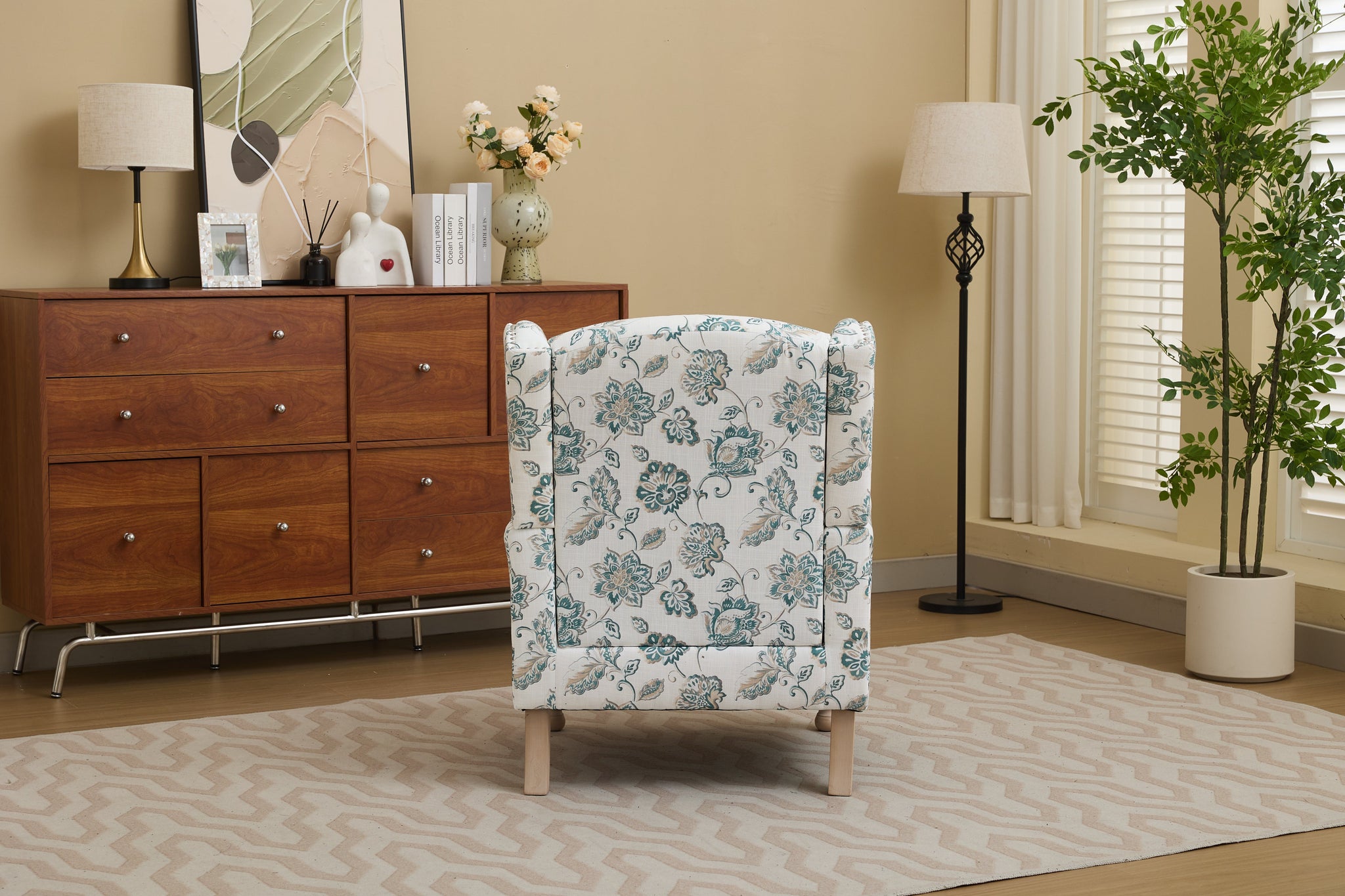 Modern Accent Chair with Retro Wood Legs and Floral Design by HouseOfZazla
